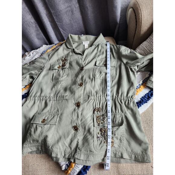Chico's Artisan Utility Army Jacket Green Sequin Embroidery Detail Linen Large - Picture 9 of 13